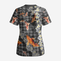 Black Palaka Hawaiian And Japanese Scrub Top Sakura Lei With Koi Fish - Polynesian Pride