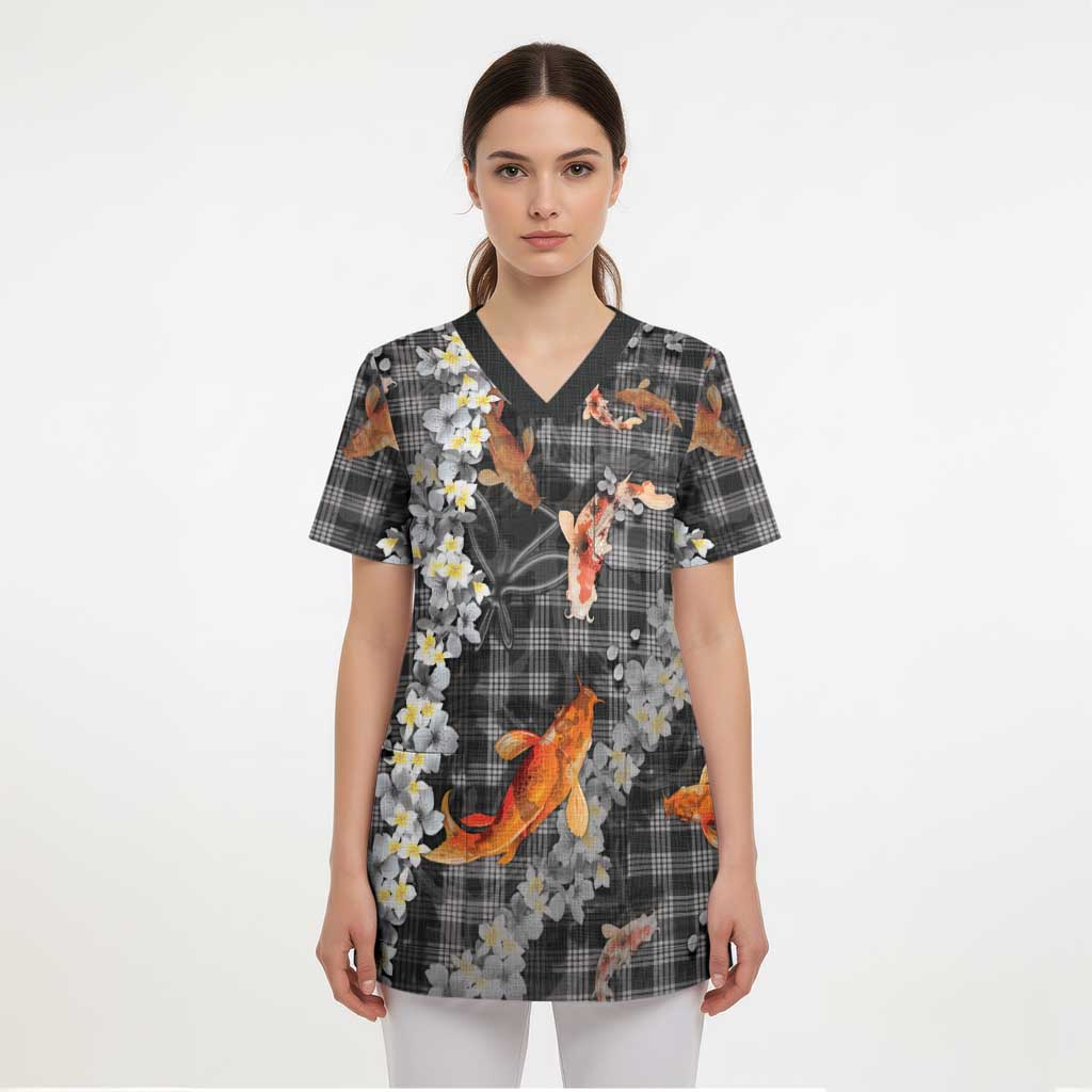 Black Palaka Hawaiian And Japanese Scrub Top Sakura Lei With Koi Fish - Polynesian Pride