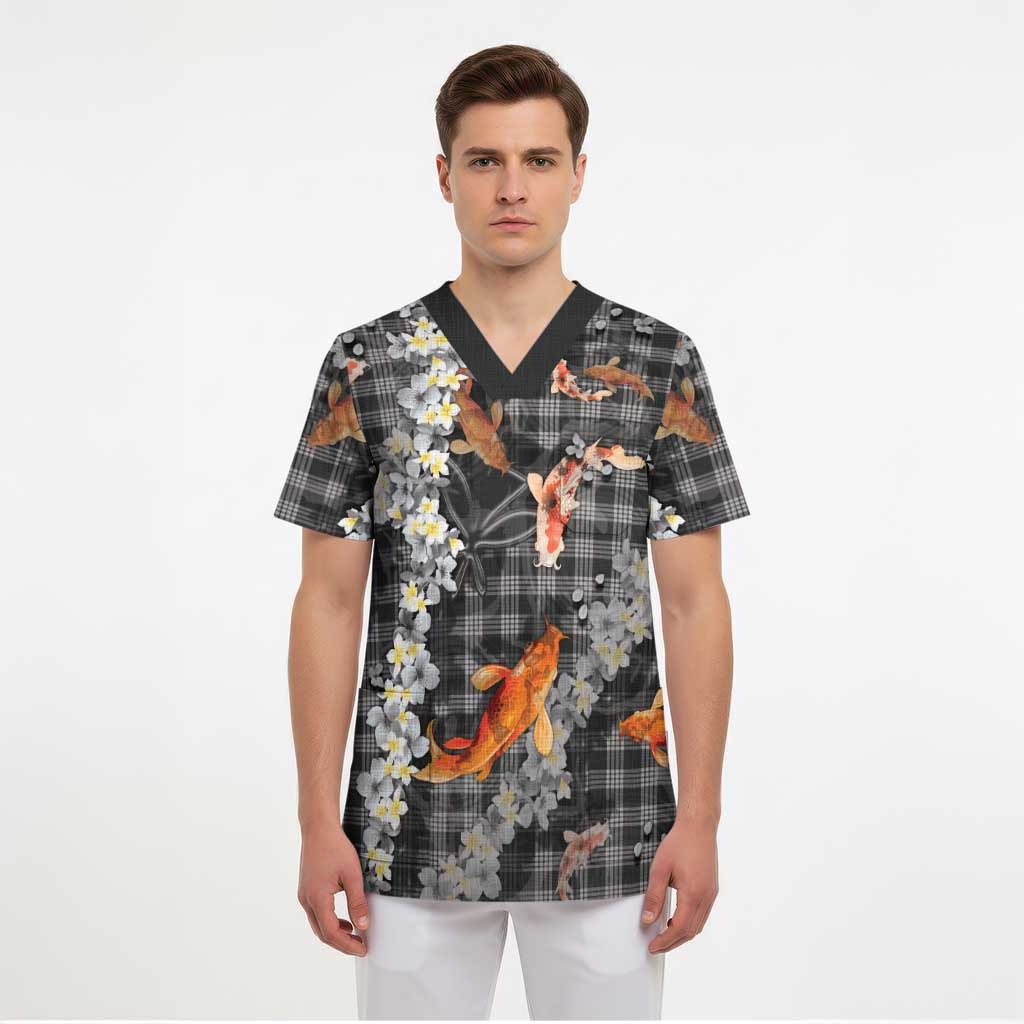 Black Palaka Hawaiian And Japanese Scrub Top Sakura Lei With Koi Fish - Polynesian Pride