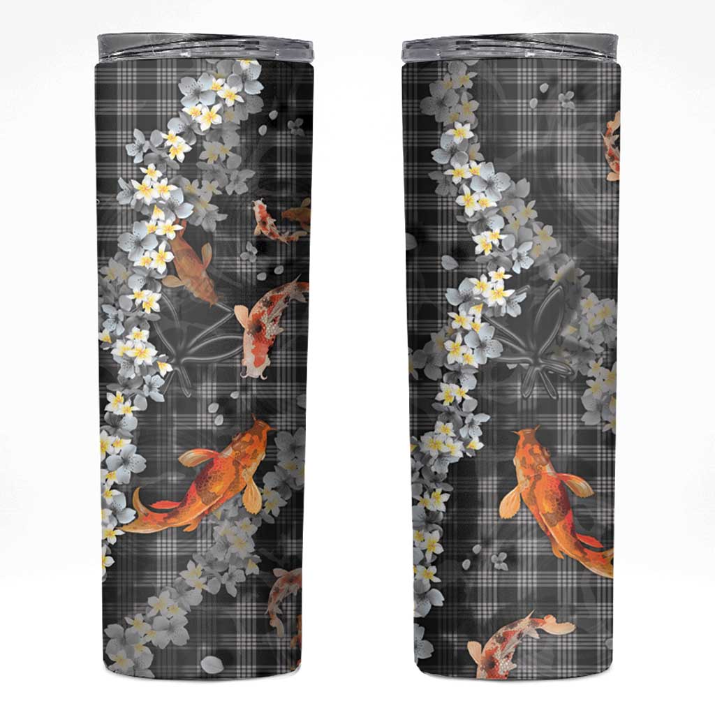 Black Palaka Hawaiian And Japanese Skinny Tumbler Sakura Lei With Koi Fish DT05 Black - Polynesian Pride