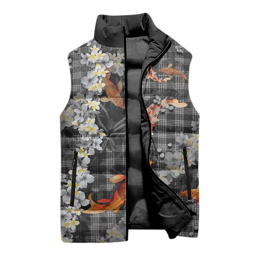 Black Palaka Hawaiian And Japanese Sleeveless Puffer Jacket Sakura Lei With Koi Fish - Polynesian Pride