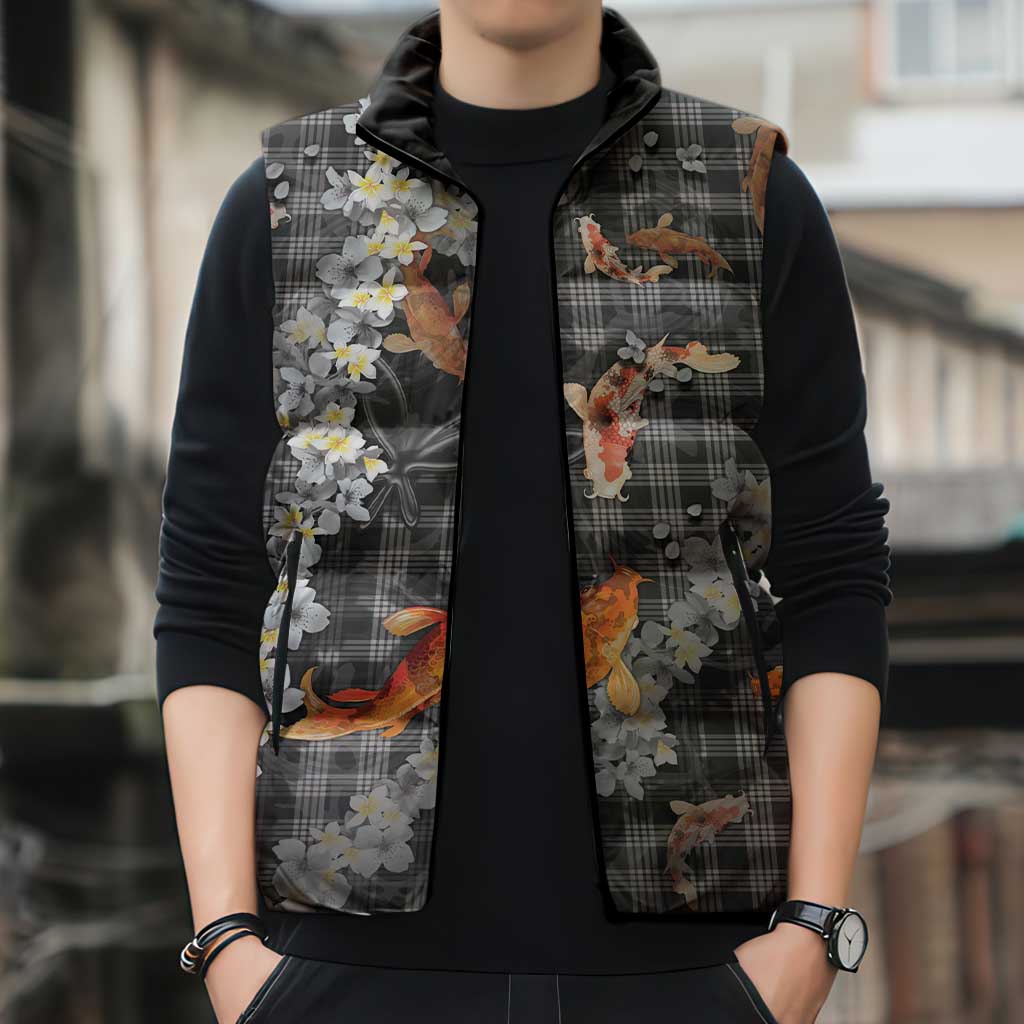 Black Palaka Hawaiian And Japanese Sleeveless Puffer Jacket Sakura Lei With Koi Fish - Polynesian Pride