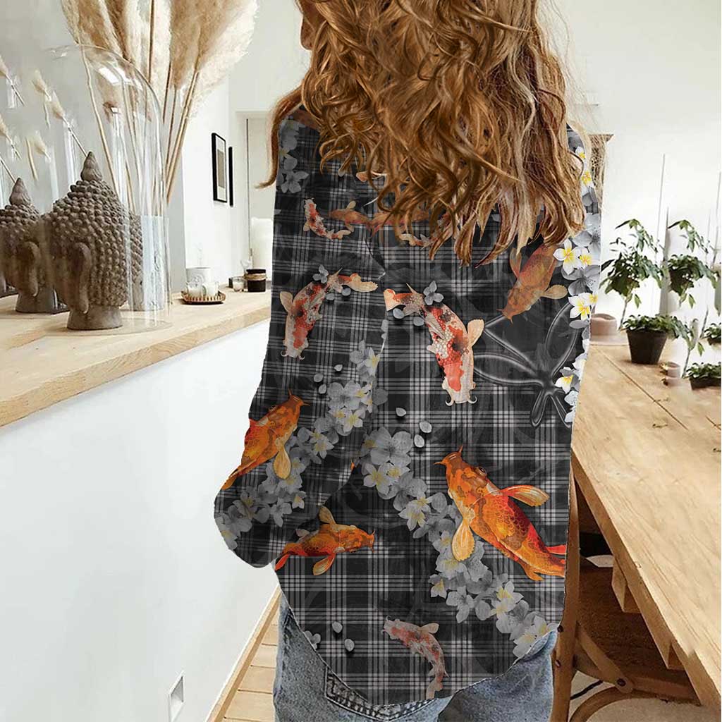 Black Palaka Hawaiian And Japanese Women Casual Shirt Sakura Lei With Koi Fish DT05 - Polynesian Pride