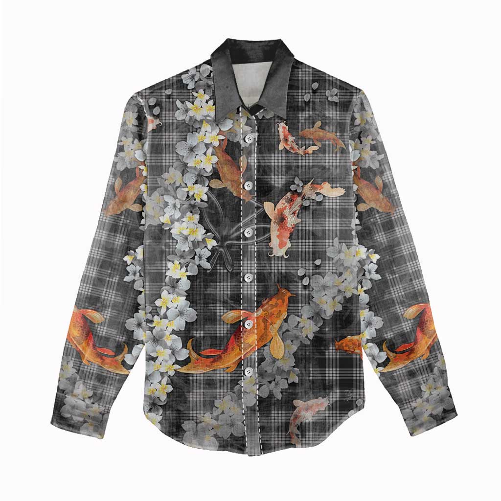 Black Palaka Hawaiian And Japanese Women Casual Shirt Sakura Lei With Koi Fish DT05 - Polynesian Pride