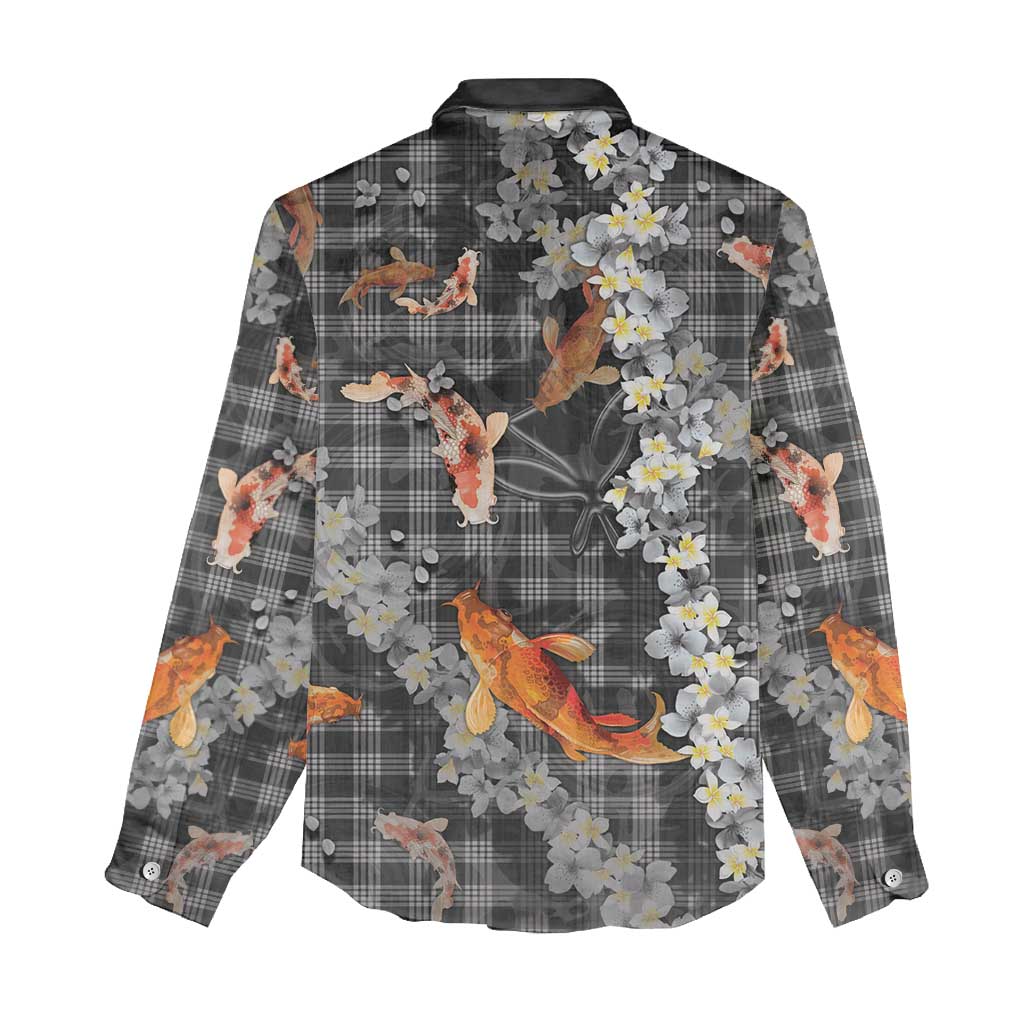 Black Palaka Hawaiian And Japanese Women Casual Shirt Sakura Lei With Koi Fish DT05 - Polynesian Pride