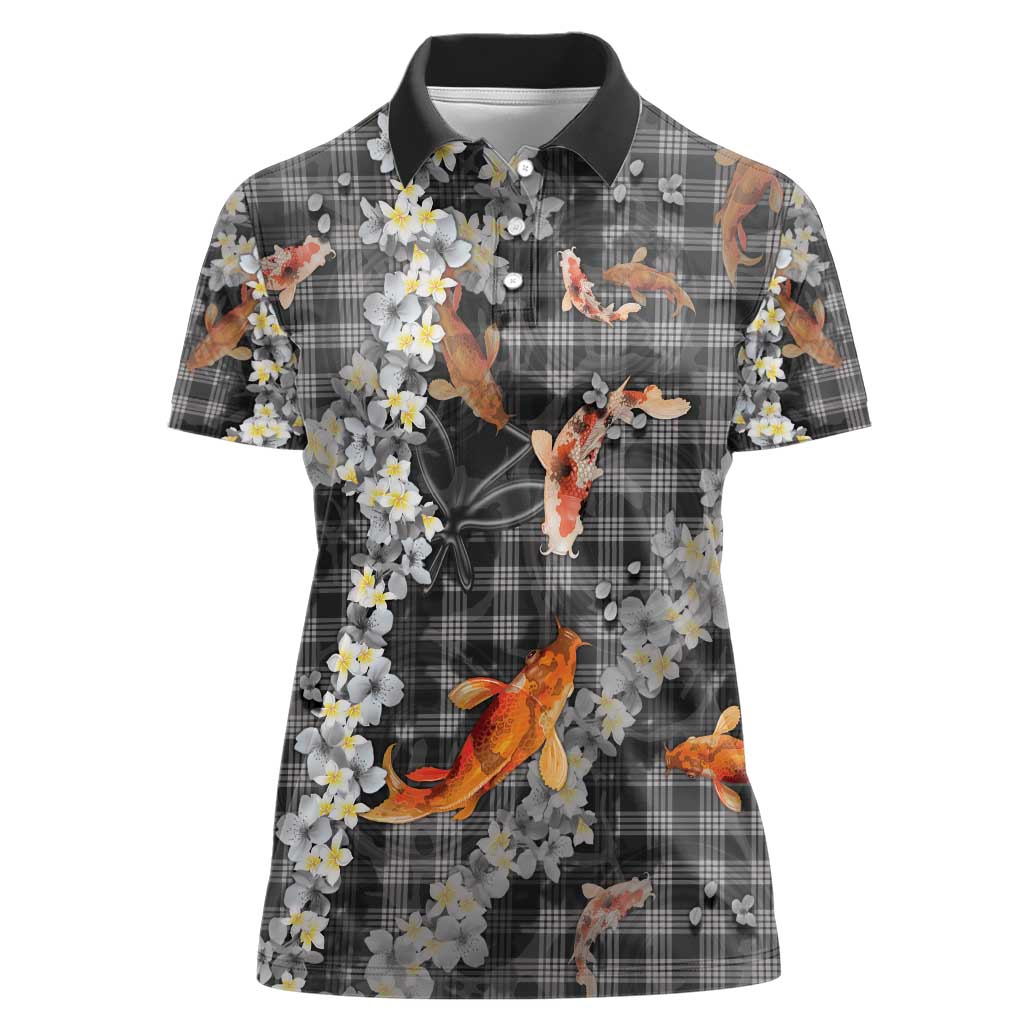 Black Palaka Hawaiian And Japanese Women Polo Shirt Sakura Lei With Koi Fish - Polynesian Pride