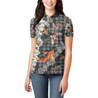 Black Palaka Hawaiian And Japanese Women Polo Shirt Sakura Lei With Koi Fish - Polynesian Pride