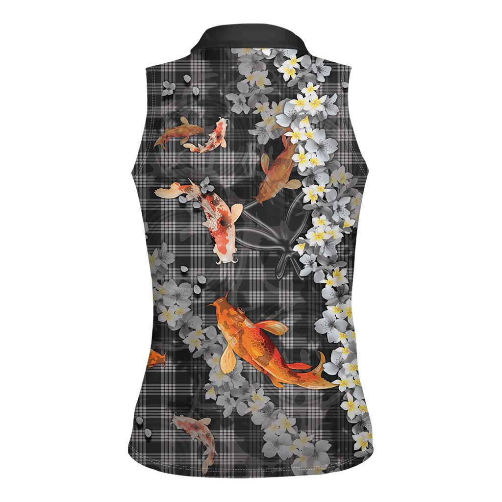 Black Palaka Hawaiian And Japanese Women Sleeveless Polo Shirt Sakura Lei With Koi Fish DT05 - Polynesian Pride