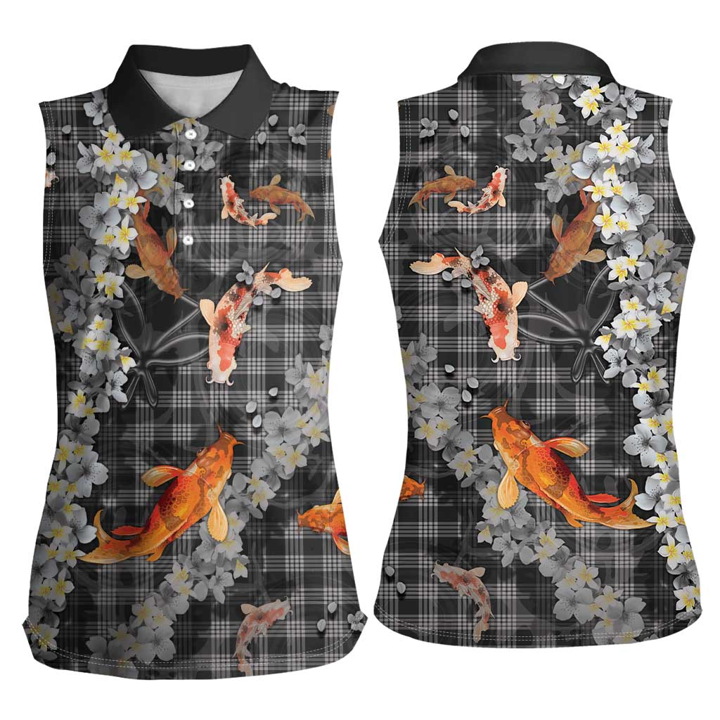 Black Palaka Hawaiian And Japanese Women Sleeveless Polo Shirt Sakura Lei With Koi Fish DT05 - Polynesian Pride