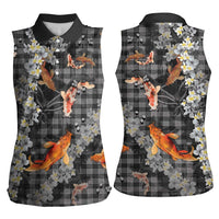 Black Palaka Hawaiian And Japanese Women Sleeveless Polo Shirt Sakura Lei With Koi Fish DT05 - Polynesian Pride