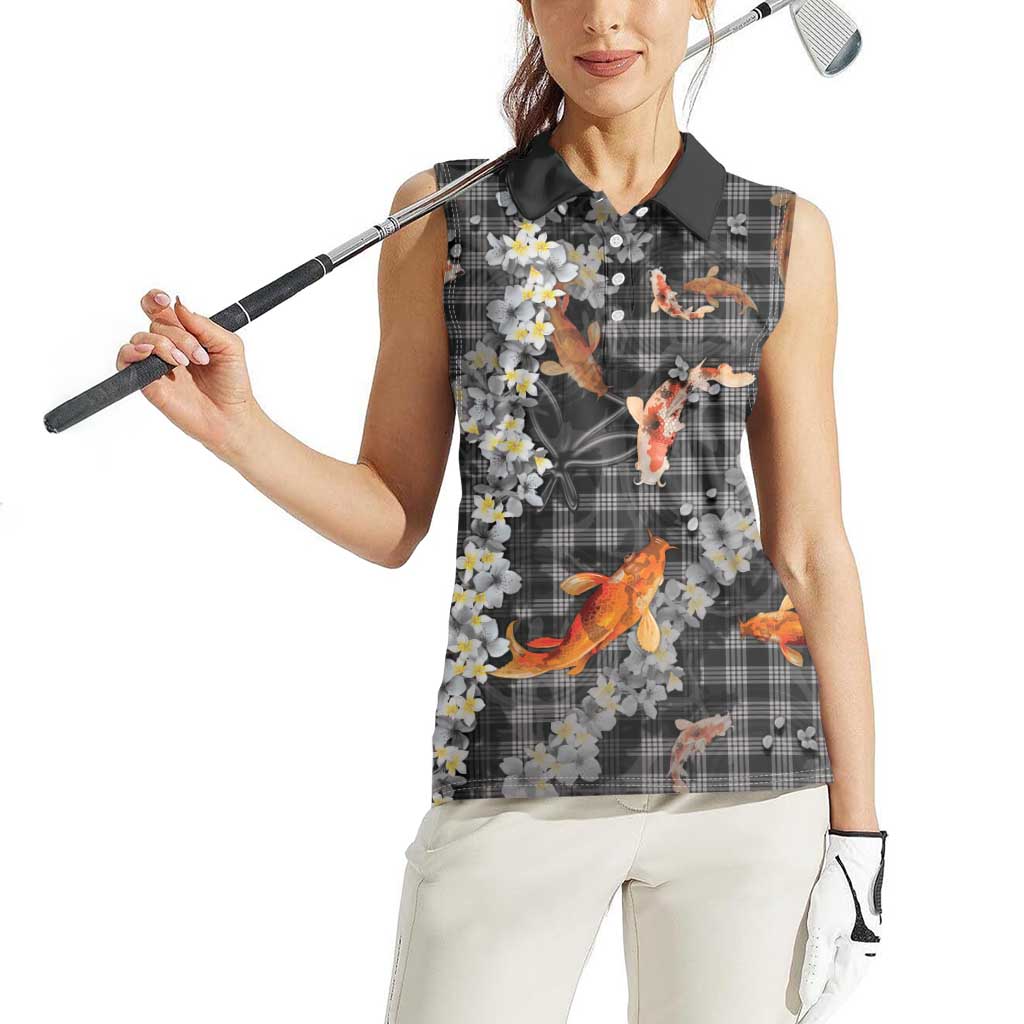 Black Palaka Hawaiian And Japanese Women Sleeveless Polo Shirt Sakura Lei With Koi Fish DT05 - Polynesian Pride