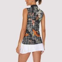 Black Palaka Hawaiian And Japanese Women Sleeveless Polo Shirt Sakura Lei With Koi Fish DT05 - Polynesian Pride