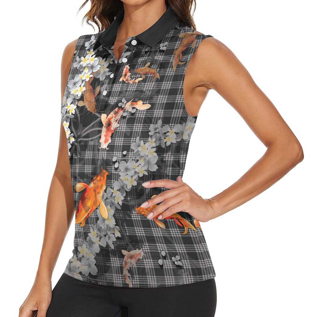 Black Palaka Hawaiian And Japanese Women Sleeveless Polo Shirt Sakura Lei With Koi Fish DT05 - Polynesian Pride