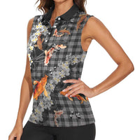 Black Palaka Hawaiian And Japanese Women Sleeveless Polo Shirt Sakura Lei With Koi Fish DT05 - Polynesian Pride