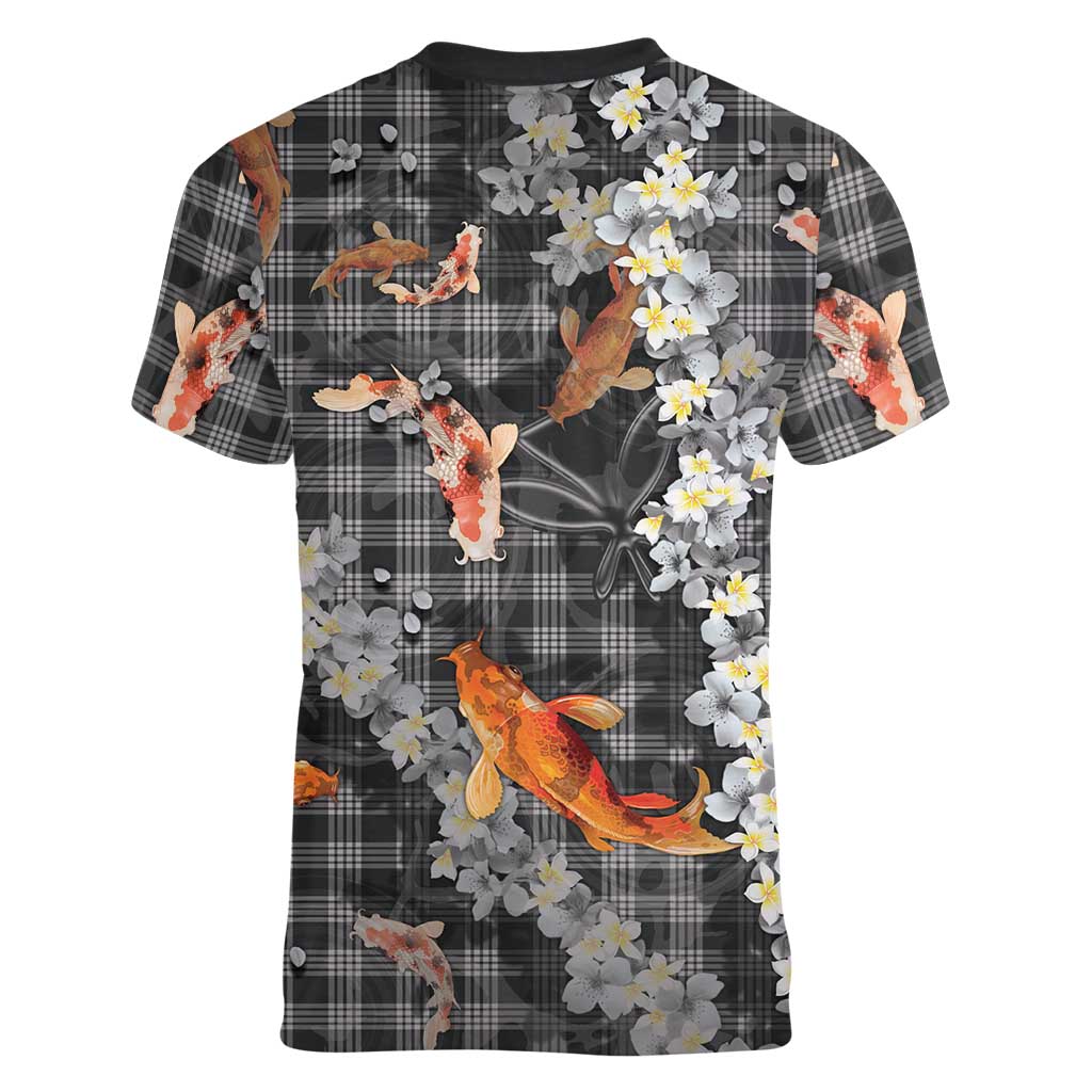 Black Palaka Hawaiian And Japanese Women V-Neck T-Shirt Sakura Lei With Koi Fish DT05 - Polynesian Pride