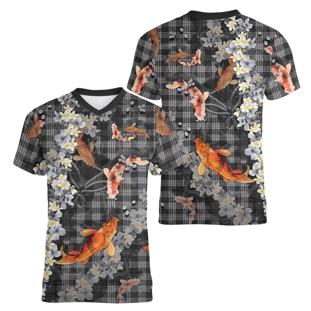 Black Palaka Hawaiian And Japanese Women V-Neck T-Shirt Sakura Lei With Koi Fish DT05 - Polynesian Pride
