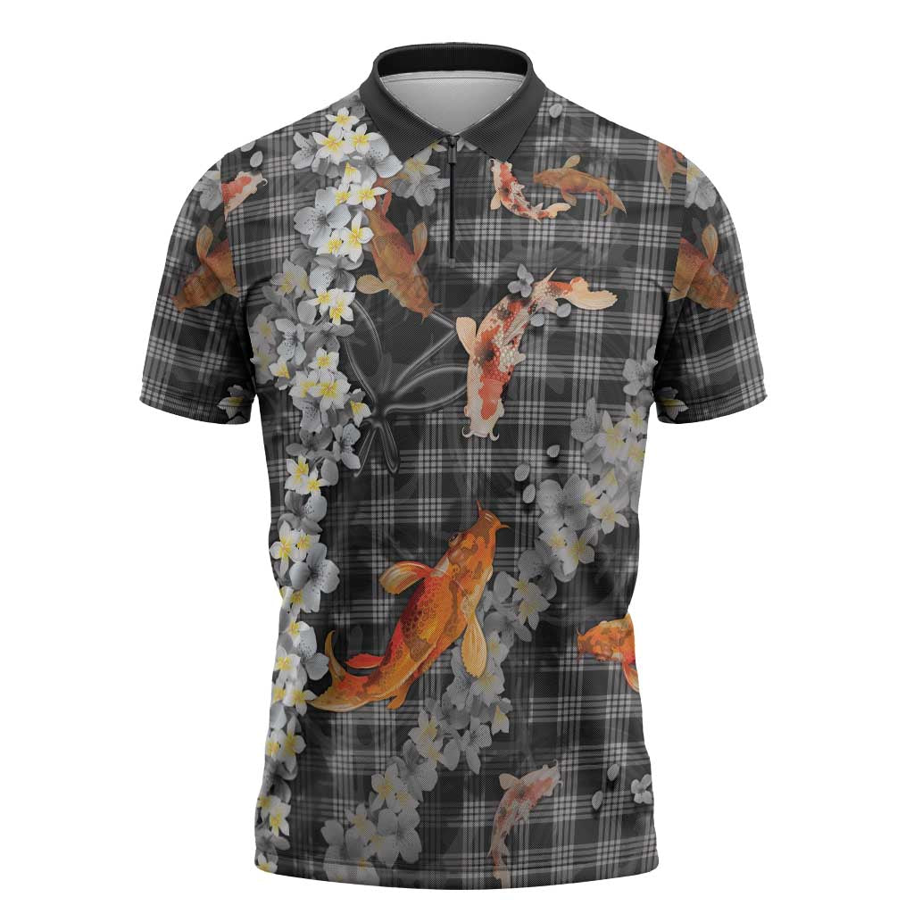 Black Palaka Hawaiian And Japanese Zipper Polo Shirt Sakura Lei With Koi Fish - Polynesian Pride