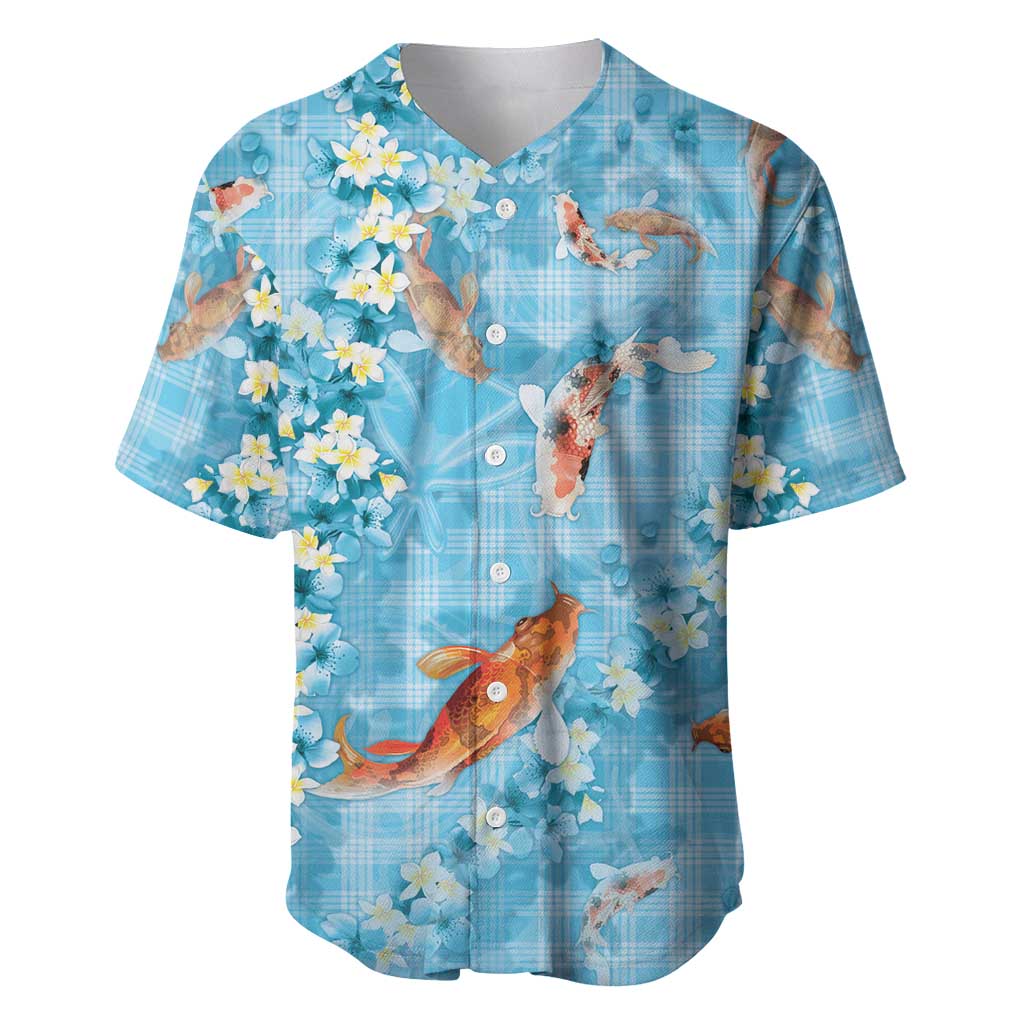 Blue Palaka Hawaiian And Japanese Baseball Jersey Sakura Lei With Koi Fish - Polynesian Pride