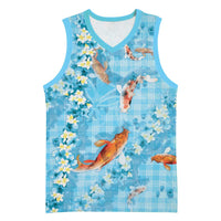 Blue Palaka Hawaiian And Japanese Basketball Jersey Sakura Lei With Koi Fish DT05 Unisex Blue - Polynesian Pride