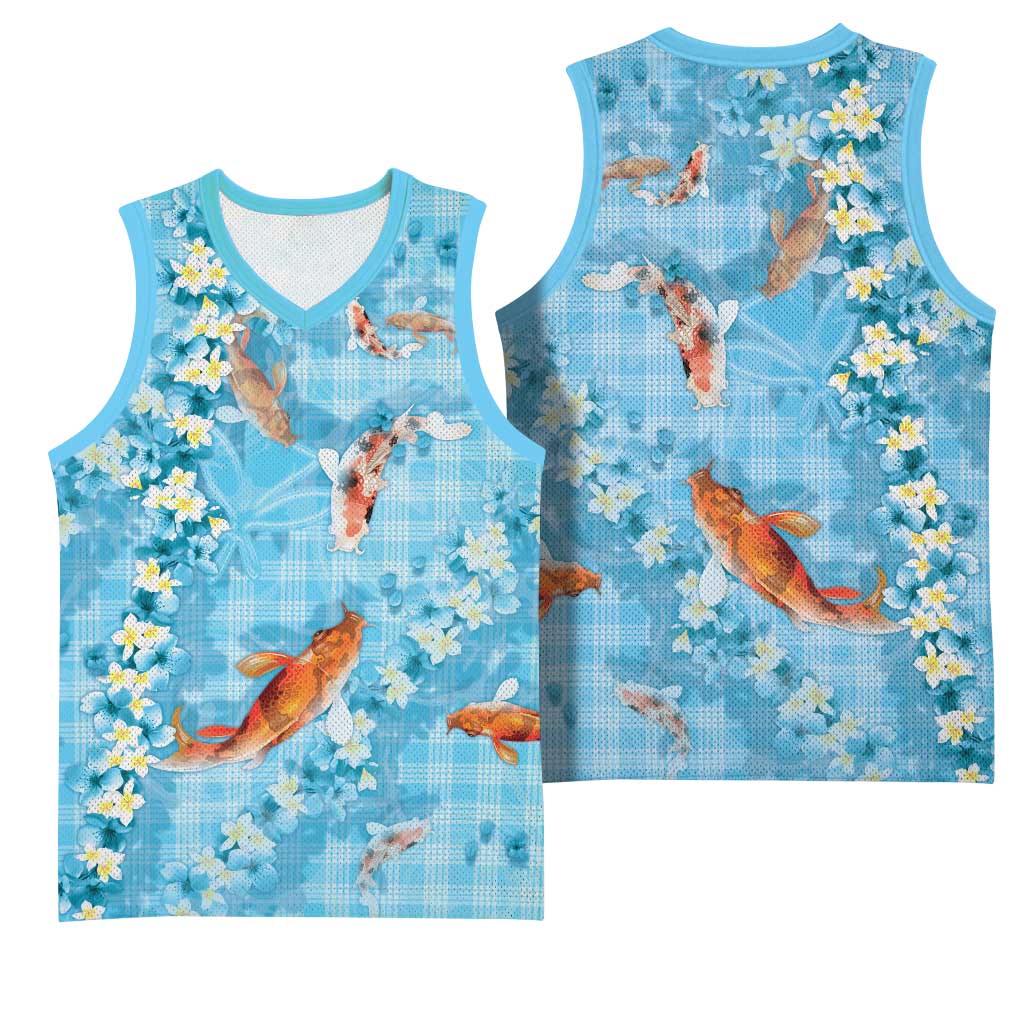 Blue Palaka Hawaiian And Japanese Basketball Jersey Sakura Lei With Koi Fish DT05 - Polynesian Pride