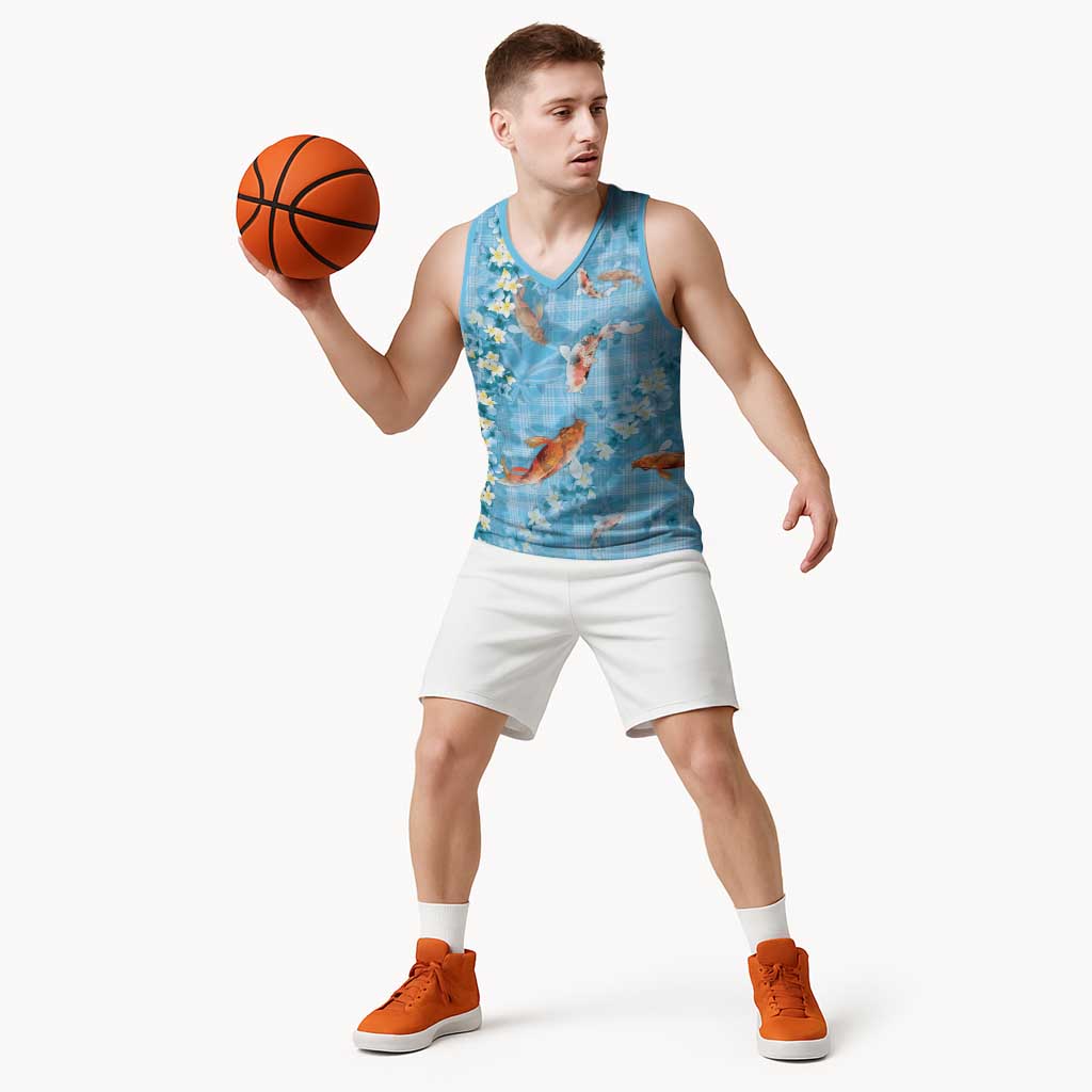 Blue Palaka Hawaiian And Japanese Basketball Jersey Sakura Lei With Koi Fish DT05 - Polynesian Pride