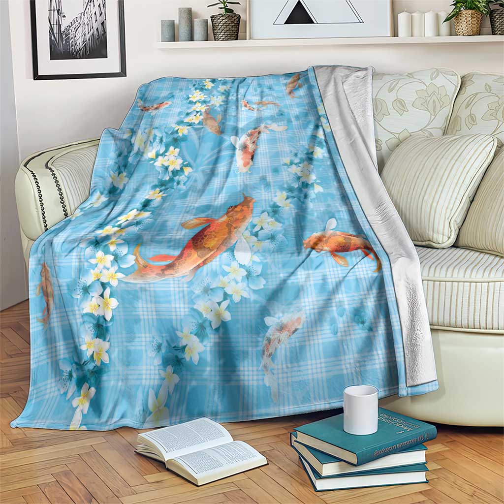 Blue Palaka Hawaiian And Japanese Blanket Sakura Lei With Koi Fish DT05 Blue - Polynesian Pride