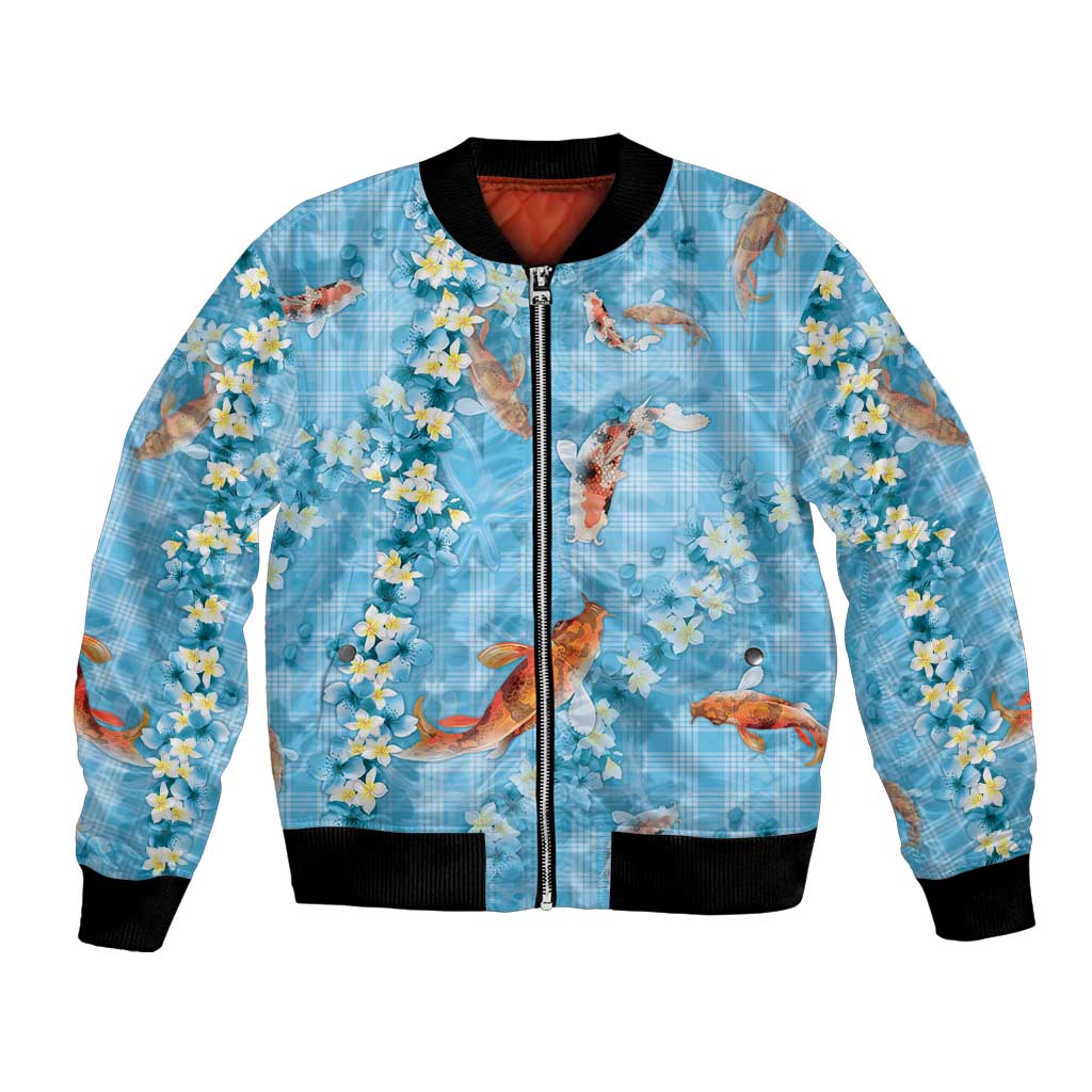 Blue Palaka Hawaiian And Japanese Bomber Jacket Sakura Lei With Koi Fish DT05 Unisex Blue - Polynesian Pride