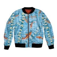 Blue Palaka Hawaiian And Japanese Bomber Jacket Sakura Lei With Koi Fish DT05 Unisex Blue - Polynesian Pride