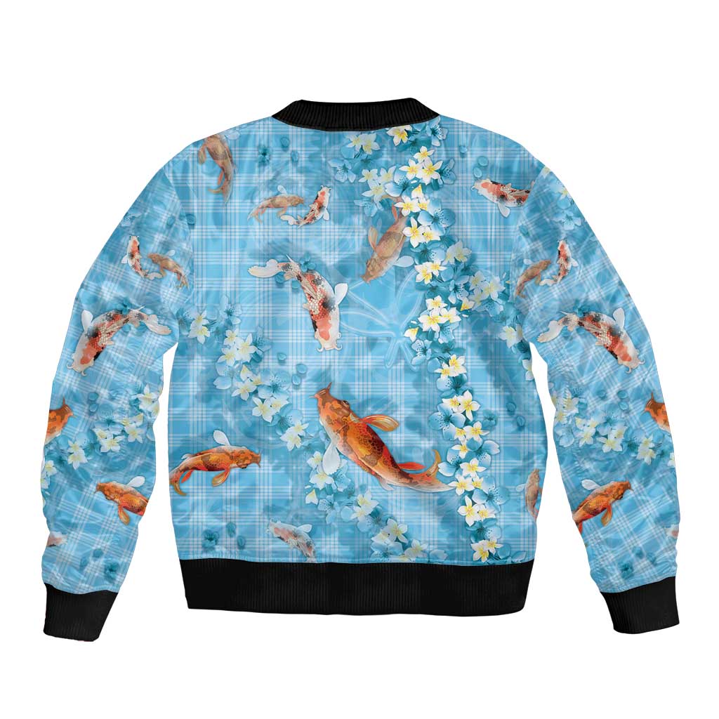 Blue Palaka Hawaiian And Japanese Bomber Jacket Sakura Lei With Koi Fish DT05 - Polynesian Pride