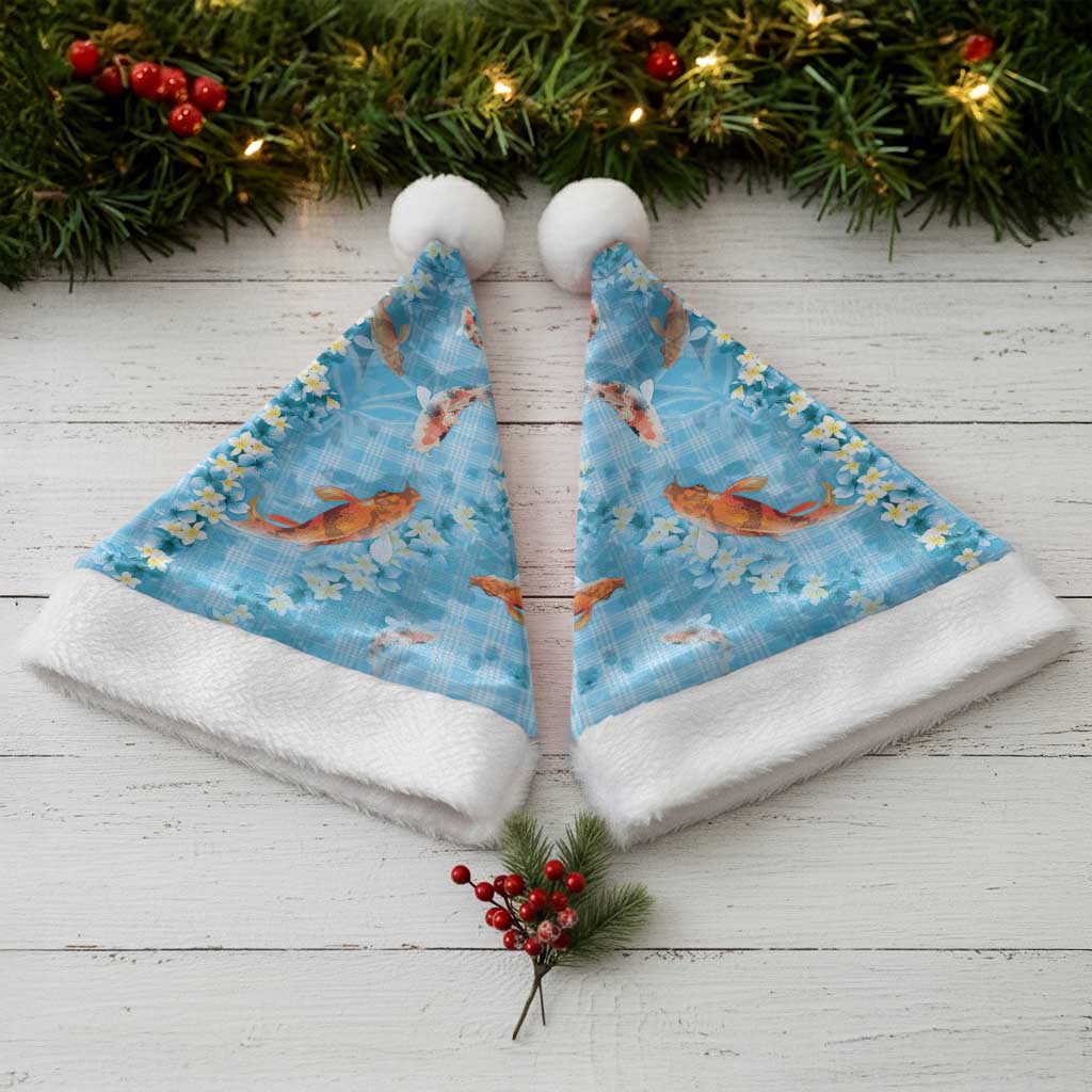 Blue Palaka Hawaiian And Japanese Christmas Santa Hat Sakura Lei With Koi Fish - Polynesian Pride