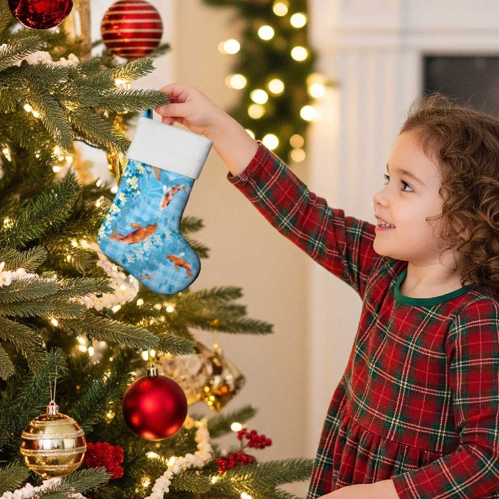 Blue Palaka Hawaiian And Japanese Christmas Stocking Sakura Lei With Koi Fish - Polynesian Pride