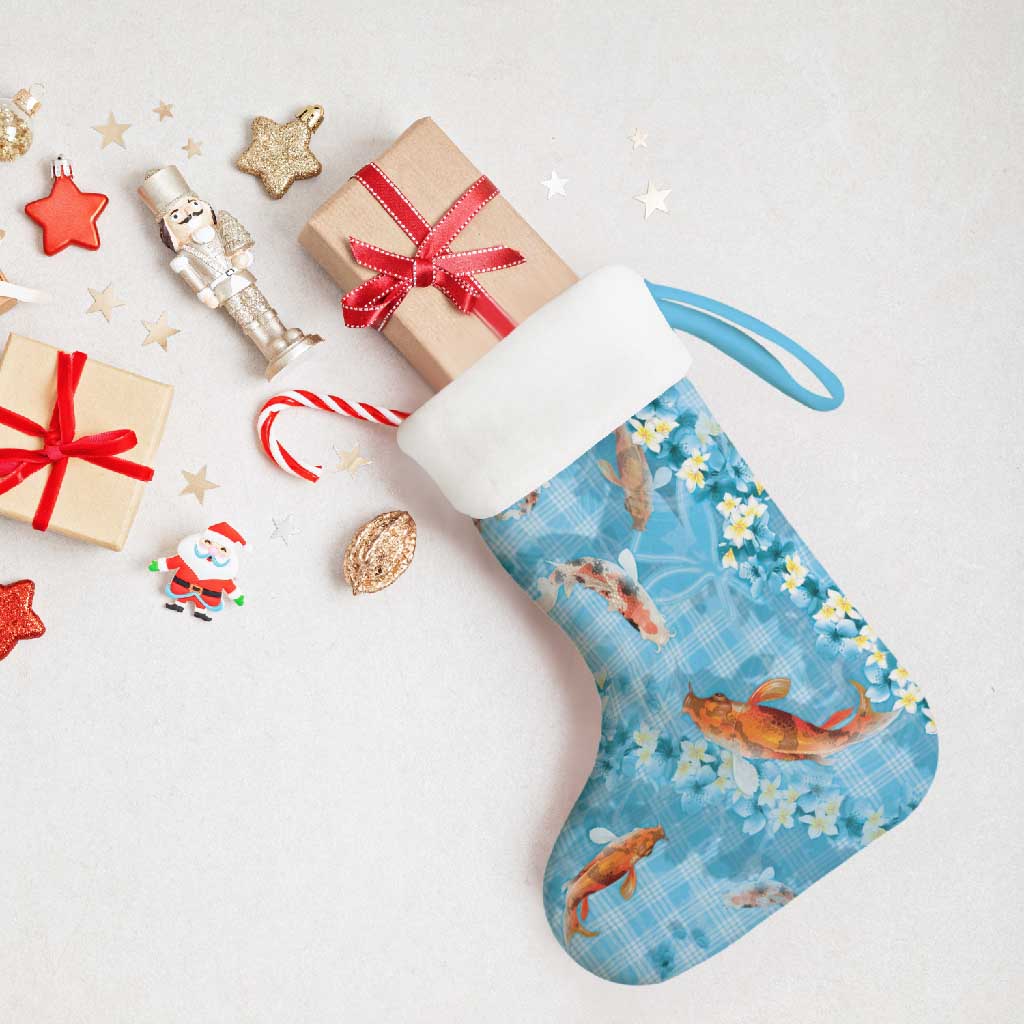 Blue Palaka Hawaiian And Japanese Christmas Stocking Sakura Lei With Koi Fish - Polynesian Pride