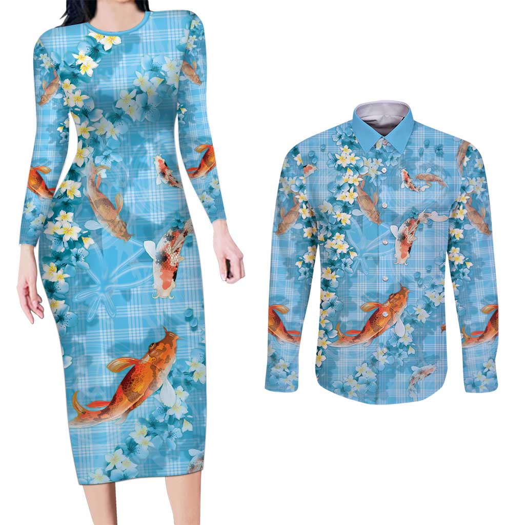 Blue Palaka Hawaiian And Japanese Couples Matching Long Sleeve Bodycon Dress and Long Sleeve Button Shirt Sakura Lei With Koi Fish DT05 Blue - Polynesian Pride