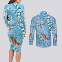 Blue Palaka Hawaiian And Japanese Couples Matching Long Sleeve Bodycon Dress and Long Sleeve Button Shirt Sakura Lei With Koi Fish DT05 - Polynesian Pride