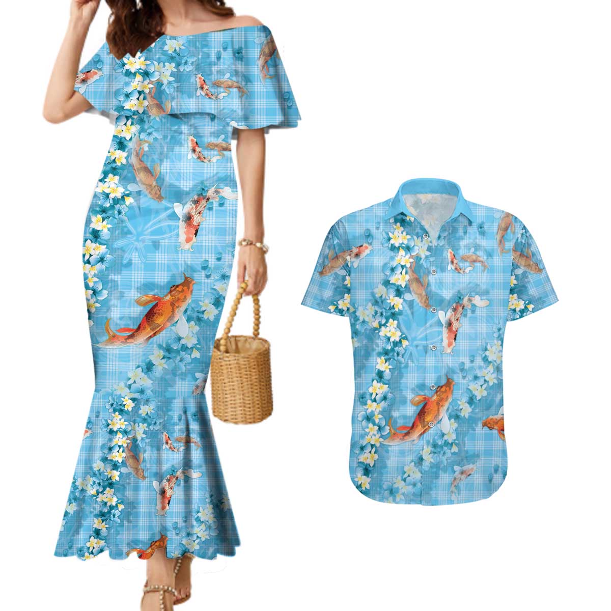 Blue Palaka Hawaiian And Japanese Couples Matching Mermaid Dress and Hawaiian Shirt Sakura Lei With Koi Fish DT05 Blue - Polynesian Pride