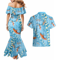 Blue Palaka Hawaiian And Japanese Couples Matching Mermaid Dress and Hawaiian Shirt Sakura Lei With Koi Fish DT05 - Polynesian Pride