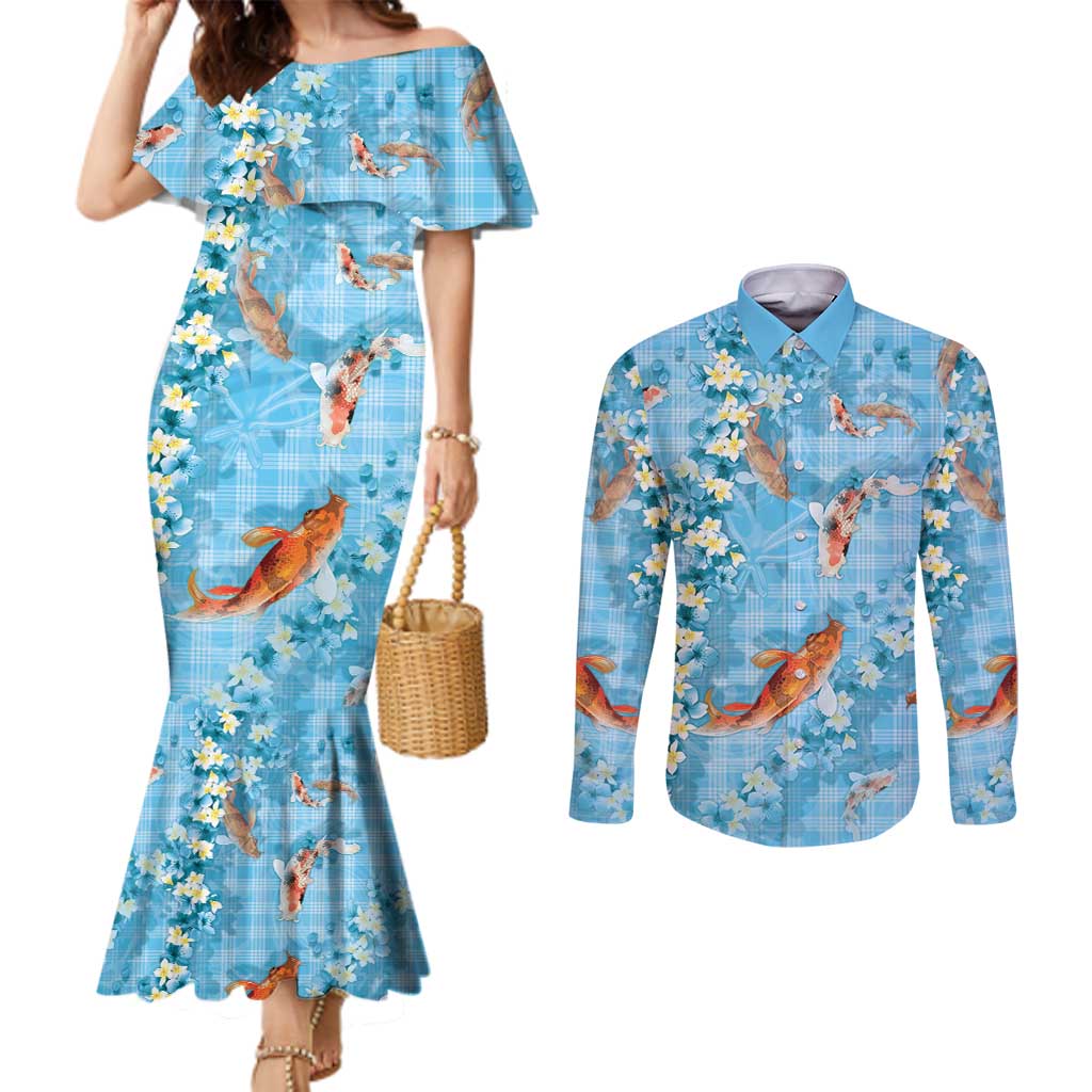 Blue Palaka Hawaiian And Japanese Couples Matching Mermaid Dress and Long Sleeve Button Shirt Sakura Lei With Koi Fish DT05 Blue - Polynesian Pride