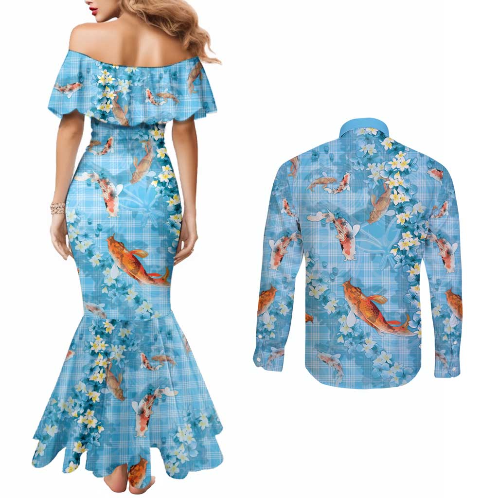 Blue Palaka Hawaiian And Japanese Couples Matching Mermaid Dress and Long Sleeve Button Shirt Sakura Lei With Koi Fish DT05 - Polynesian Pride