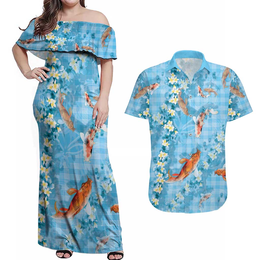 Blue Palaka Hawaiian And Japanese Couples Matching Off Shoulder Maxi Dress and Hawaiian Shirt Sakura Lei With Koi Fish DT05 Blue - Polynesian Pride