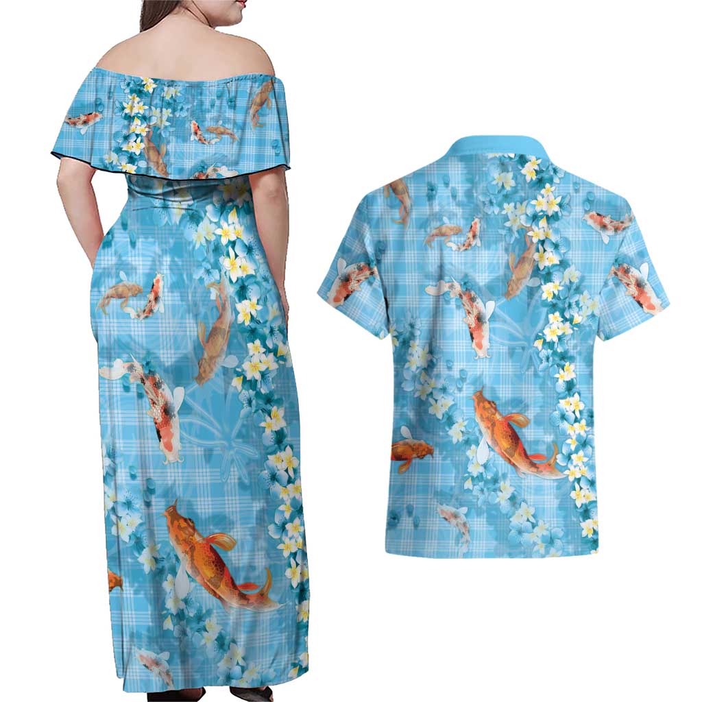 Blue Palaka Hawaiian And Japanese Couples Matching Off Shoulder Maxi Dress and Hawaiian Shirt Sakura Lei With Koi Fish DT05 - Polynesian Pride