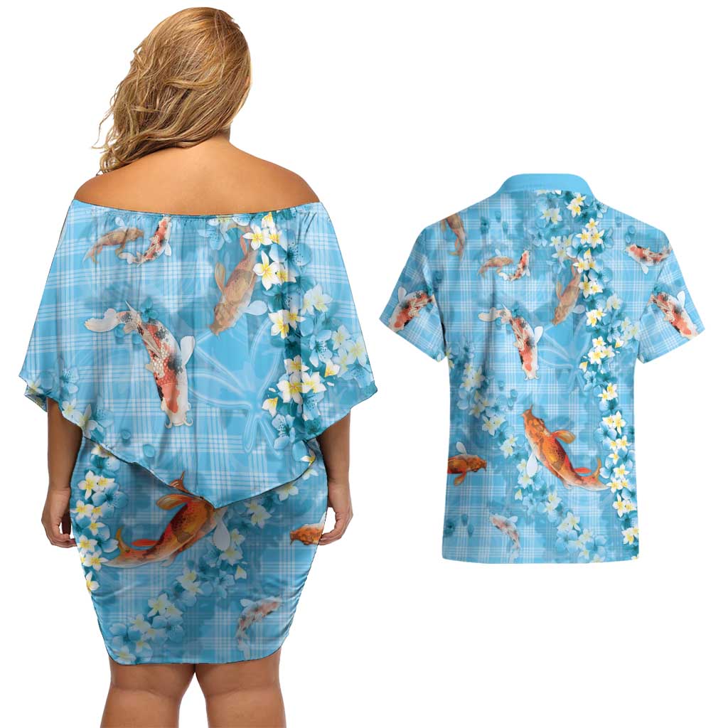 Blue Palaka Hawaiian And Japanese Couples Matching Off Shoulder Short Dress and Hawaiian Shirt Sakura Lei With Koi Fish DT05 - Polynesian Pride