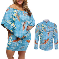 Blue Palaka Hawaiian And Japanese Couples Matching Off Shoulder Short Dress and Long Sleeve Button Shirt Sakura Lei With Koi Fish DT05 Blue - Polynesian Pride