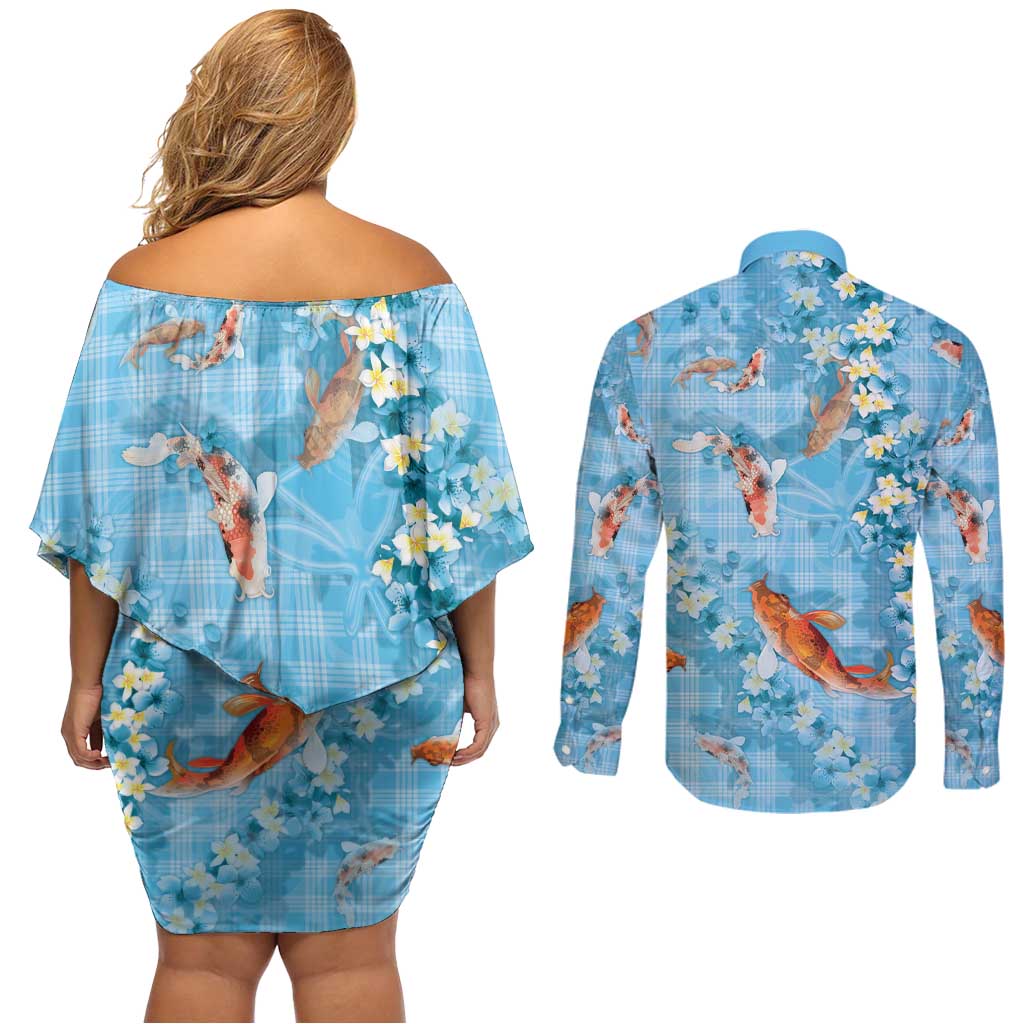 Blue Palaka Hawaiian And Japanese Couples Matching Off Shoulder Short Dress and Long Sleeve Button Shirt Sakura Lei With Koi Fish DT05 - Polynesian Pride