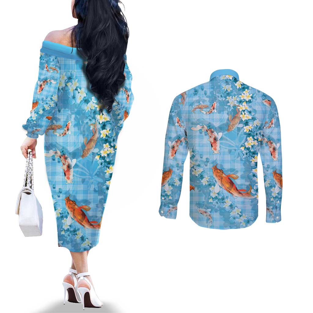 Blue Palaka Hawaiian And Japanese Couples Matching Off The Shoulder Long Sleeve Dress and Long Sleeve Button Shirt Sakura Lei With Koi Fish DT05 - Polynesian Pride