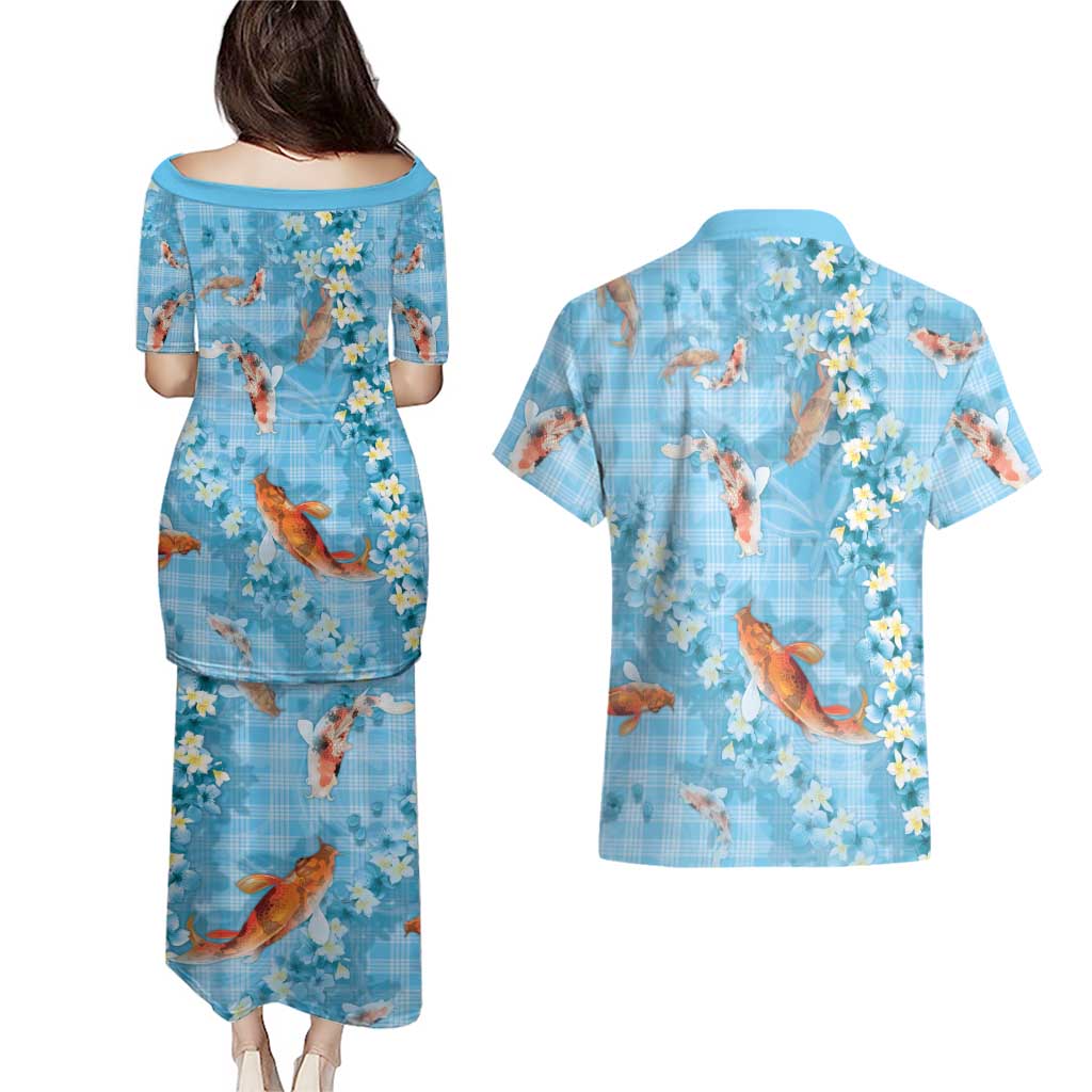 Blue Palaka Hawaiian And Japanese Couples Matching Puletasi and Hawaiian Shirt Sakura Lei With Koi Fish DT05 - Polynesian Pride