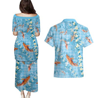 Blue Palaka Hawaiian And Japanese Couples Matching Puletasi and Hawaiian Shirt Sakura Lei With Koi Fish DT05 - Polynesian Pride