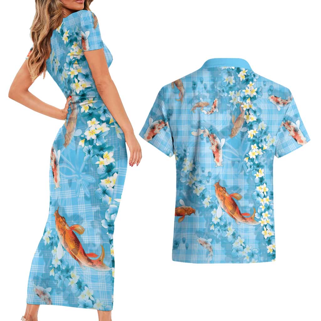 Blue Palaka Hawaiian And Japanese Couples Matching Short Sleeve Bodycon Dress and Hawaiian Shirt Sakura Lei With Koi Fish DT05 - Polynesian Pride