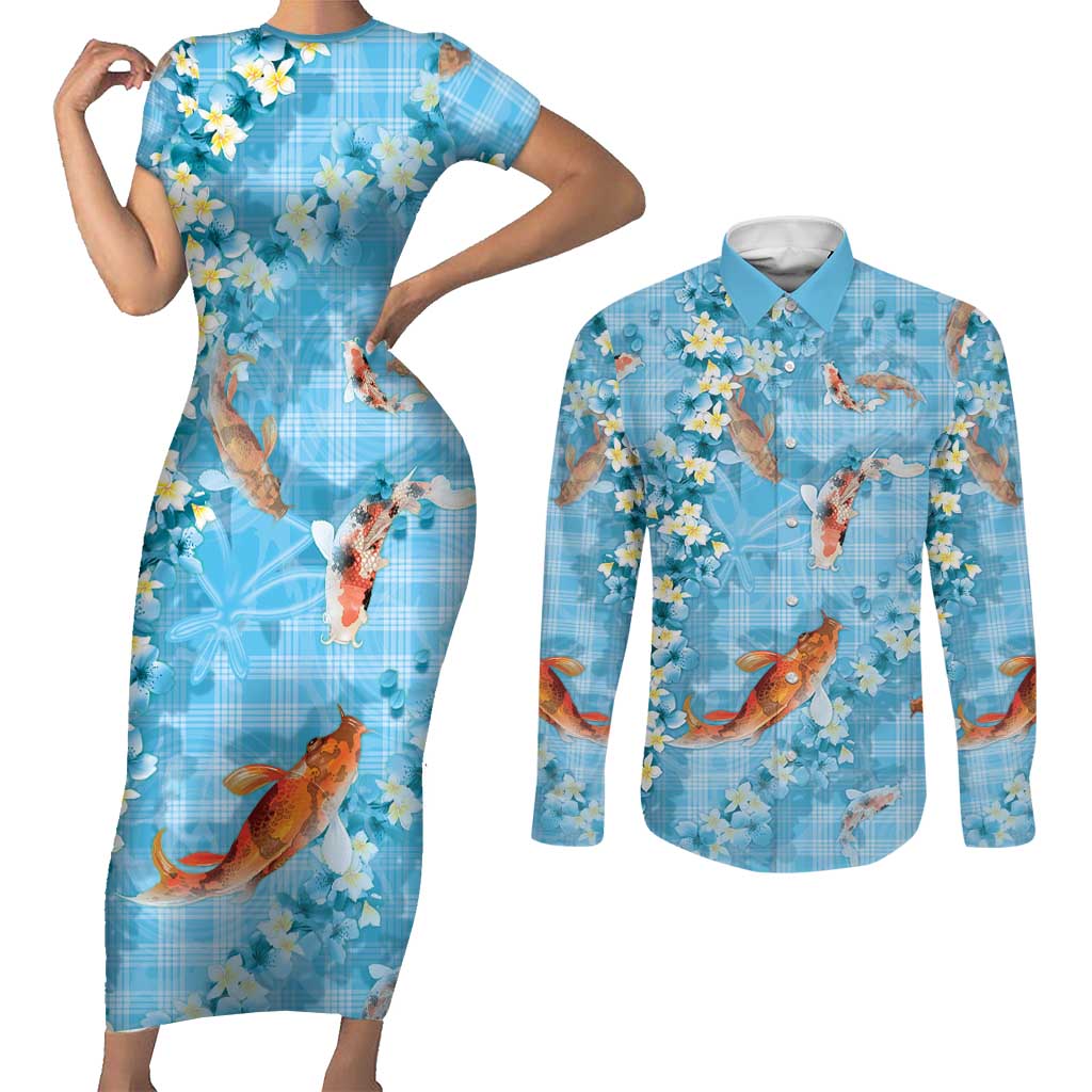 Blue Palaka Hawaiian And Japanese Couples Matching Short Sleeve Bodycon Dress and Long Sleeve Button Shirt Sakura Lei With Koi Fish DT05 Blue - Polynesian Pride