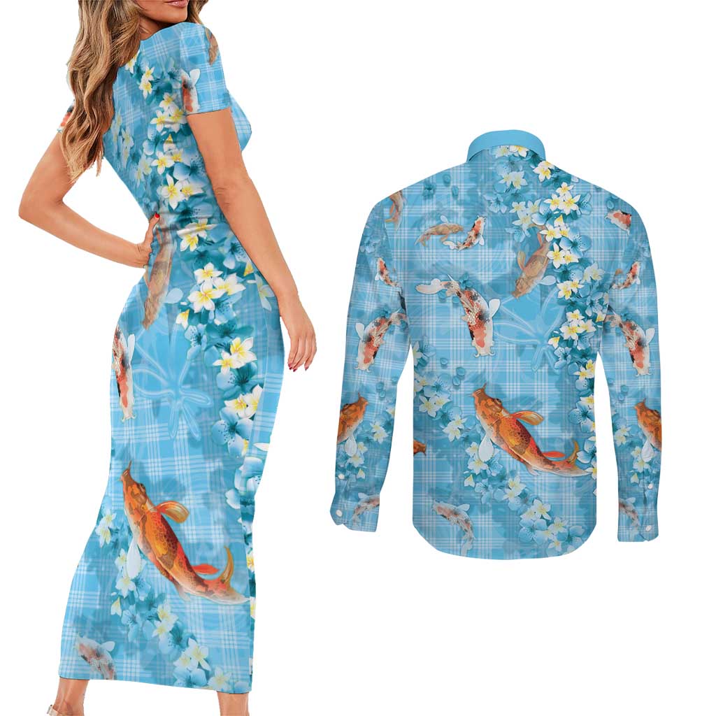 Blue Palaka Hawaiian And Japanese Couples Matching Short Sleeve Bodycon Dress and Long Sleeve Button Shirt Sakura Lei With Koi Fish DT05 - Polynesian Pride