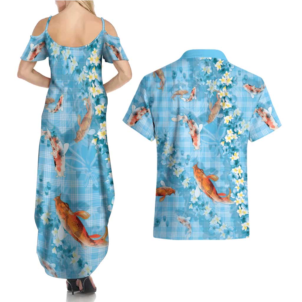 Blue Palaka Hawaiian And Japanese Couples Matching Summer Maxi Dress and Hawaiian Shirt Sakura Lei With Koi Fish DT05 - Polynesian Pride
